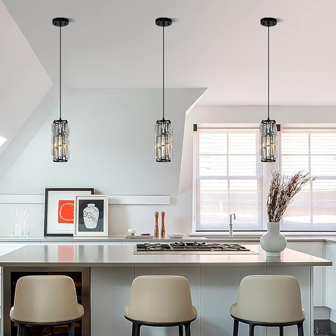 Black Pendant lamp Modern Pendant lamp, Mini Crystal Pendant Light, Adjustable Pendant Light for Kitchen, Dining Room, Bedroom(Black Pack of 2)