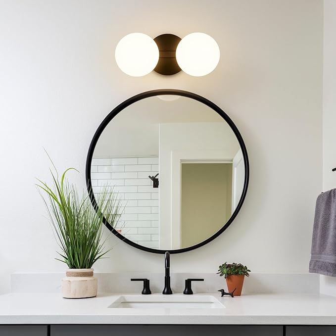 Black Bathroom Vanity Light Fixtures: Modern Wall Scones With 2 Milk Glass Shades - Globe Makeup Lighting Fixture over Mirror - Brass Ball Powder Room Vanities Lights for Hallway Bedroom Bulb Excluded
