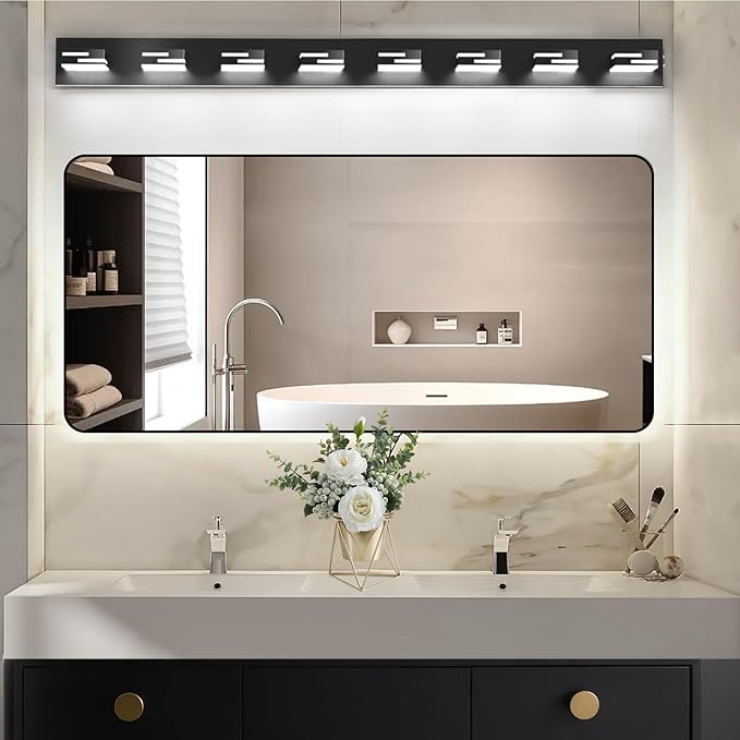 LED Modern Bathroom Vanity Light Fixtures, 8-Light 55-inch Dimmable Matte Black Vanity Lights for Bathroom Lighting Fixtures Over Mirror, with 360° Rotatable Acrylic Heads (Cool White 6000K)