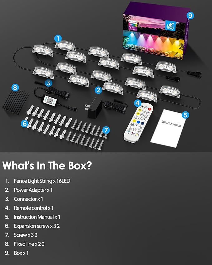 Outdoor Deck Lights 16 Pack, 100ft Smart RGB Outdoor Lights, APP, Remote Control, Waterproof LED String Light with Timer for Wall Fence Step Yard Stairs Pool Halloween Christmas Decor