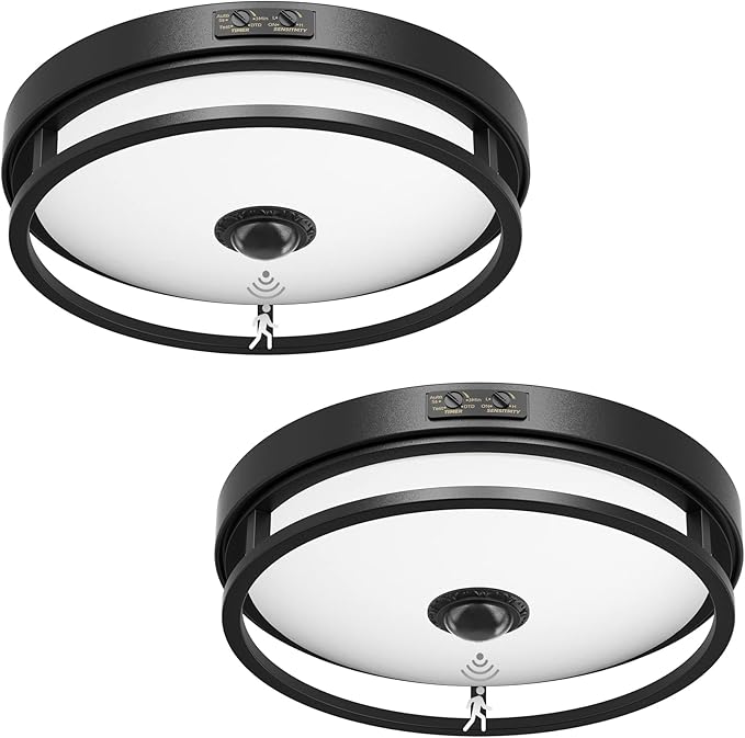 Motion Sensor Outdoor Ceiling Light, 12" Flush Mount LED Dusk to Dawn Porch Lights, Black Ceiling Lamp for Entryway, Garage, Hallway, 2 Pack