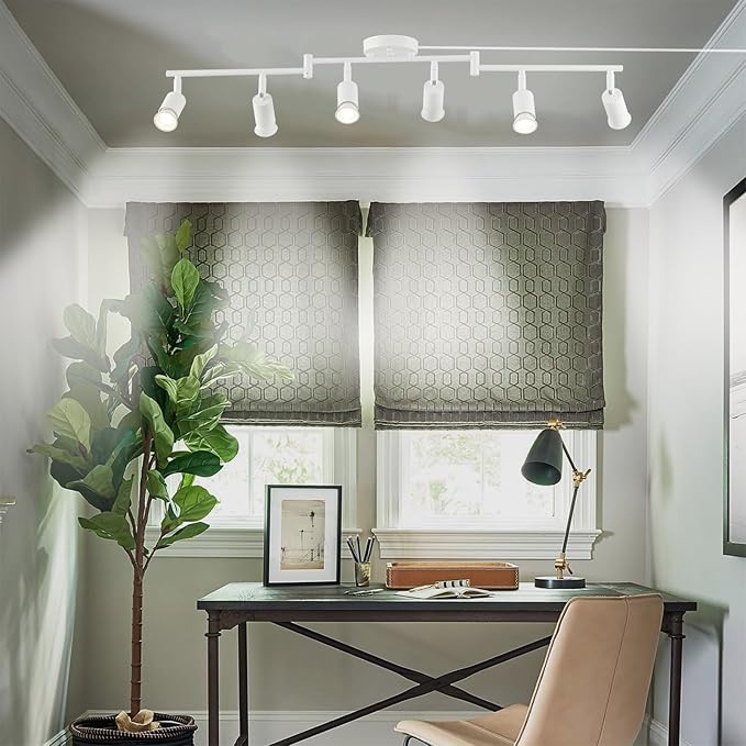 Dimmable 6 Light White Plug in Track Light White Plug in Ceiling Lighting Fixture with 16.4' Long Cord,6 Way Ceiling Spotlight,Rotatable Wall Mount Light Head,LED dimmable Spot Bulbs Included