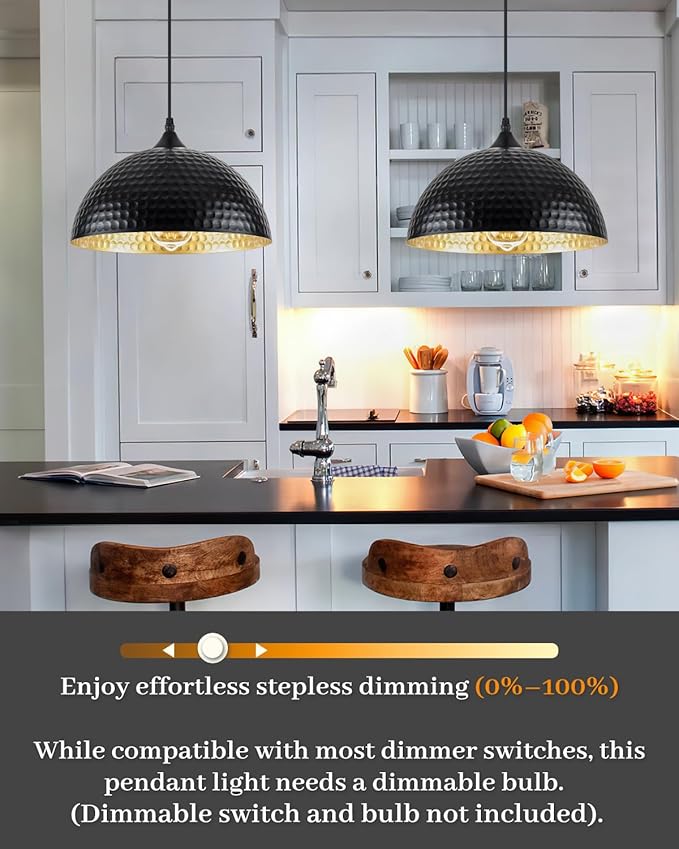 Black Pendant Lights Kitchen Island 3 Pack, 12 Inch Hammered Dome Pendant Light, Farmhouse Kitchen Pendant Lights, Industrial Hammered Pendant Light for Kitchen, Dining Room, Barn