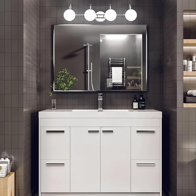 Chrome Mid Century Modern 4-Light Bathroom Light Fixtures Over Mirror, Vanity Wall Sconces With Globe Frosted Milk Glass