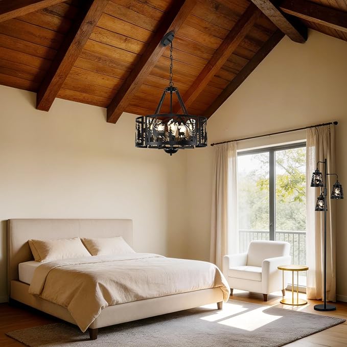 Rustic Ceiling Light Fixtures -Bear Deer Design, 5-Light Farmhouse Adjustable Black Chandelier Pendant Light for Dining Room, Bedroom, Kitchen, Entryway, Living Room (No Bulb Included)