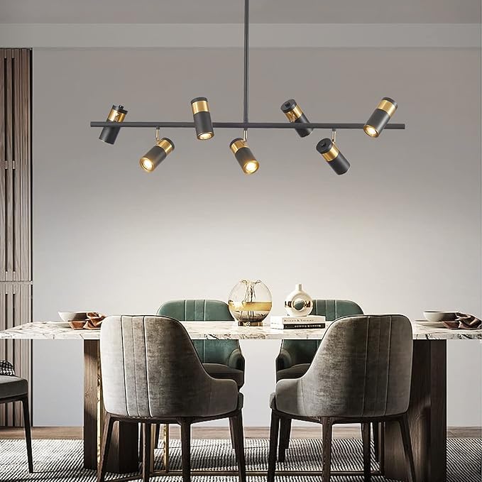 KCO Lighting Black and Gold 7-Light Hanging Track Lighting Modern Kitchen Island Pendant Track Lighting Fixtures Mid Century Ceiling Mount Adjustable Spotlight