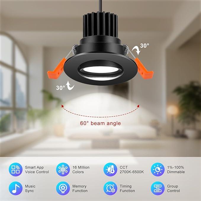 2 Inch Smart Recessed Lighting, 5W WiFi Recessed LED Lights, Dimmable RGB Color Changing & CCT 2700K–6500K, Compatible with Alexa & Google Home, 120V LED Downlight & Driver (Black, 4 Pack)