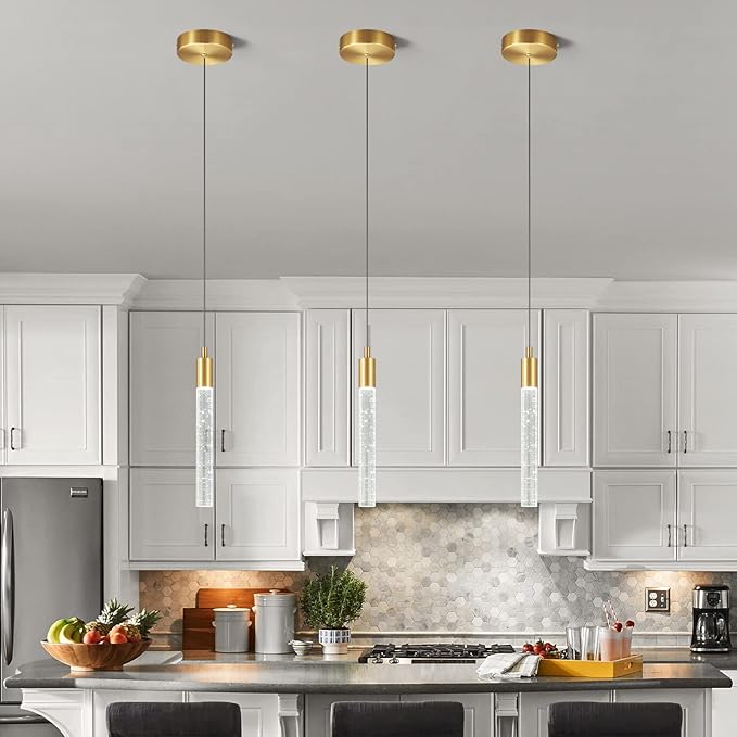 Modern Kitchen Island Pendant Light Dimmable LED Gold Brass Finish Mini Crystal Pendant Lighting Bedroom Bedside Table Small Pendant Lights(2-Pack )