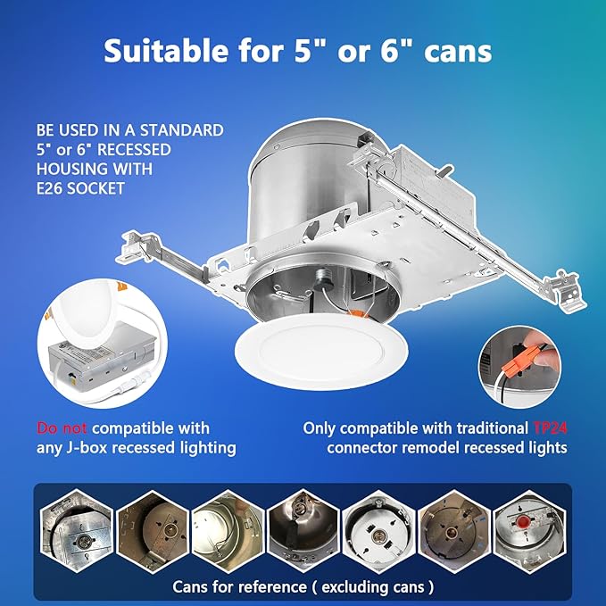 LVWIT Black LED Recessed Light 6 Inch, Can Lights Color Selectable 2700/3000/4000/5000/6000K 5CCT, 9W=120W,1000LM, Dimmable Downlight with E26 Conversion Kit, 6 Pack,IC Rated