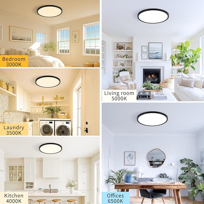 14.9 Inch 6PK LED Flush Mount Ceiling Light, ETL ,32W, 3343LM, 3000K/3500K/4000K/5000K/6500K CCT Selectable, 0.66in Ultra Thin Round Flat Panel Ceiling Light Fixture for Bedroom, Kitchen (Black)