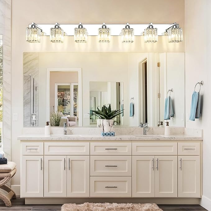 Aipsun Bathroom Vanity Light Fixtures Chrome Vanity Light for Bathroom Crystal Vanity Lighting Fixtures 7 Light (Exclude Bulb)