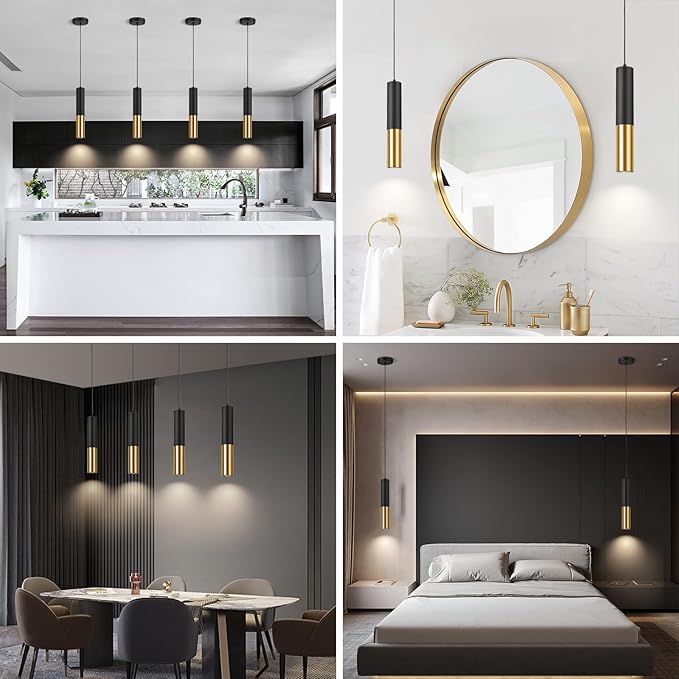 Modern Black and Gold Pendant Light Fixture for Kitchen Island, 1-Light Pendant Lighting with GU10 LED Bulb Ceiling Hanging Lights Cord Adjustable for Living Room Bedroom Dining Room