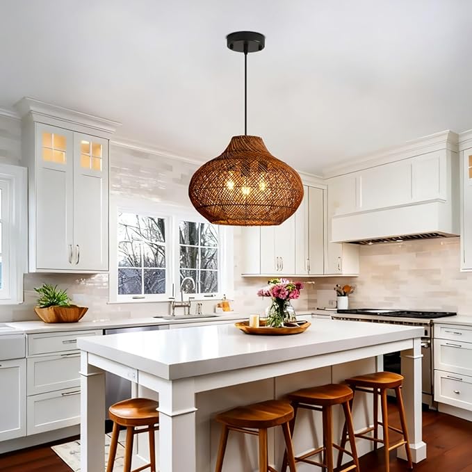 18.9IN Boho Rattan Chandelier 3-Lights Hand-Woven Rattan Pendant Light Farmhouse Wicker Dining Room Light Hanging Bamboo Pendant Light Fixture for Kitchen Island Living Room Hallway Reataurant