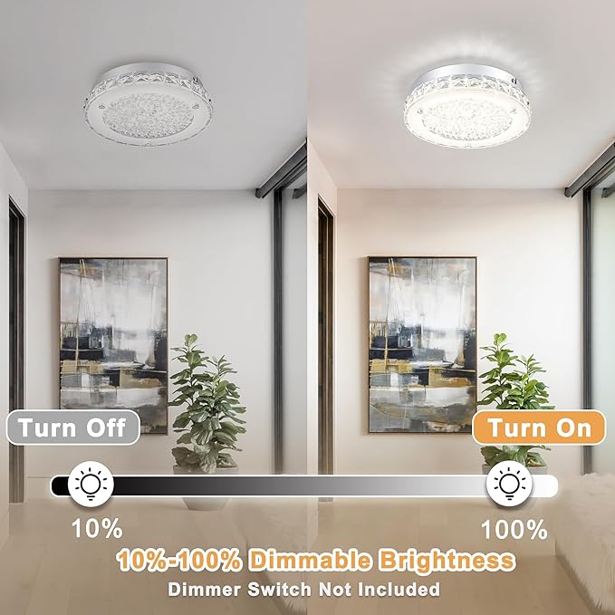 Crystal Ceiling Light Fixture Flush Mount LED Modern Ceiling Light 8.3 Inch Dimmable Crystal Chandeliers for Bedroom, Kitchen, Bathroom, Hallway, Entryway, Dining Room, Foyer, 1320 Lumen, 12W