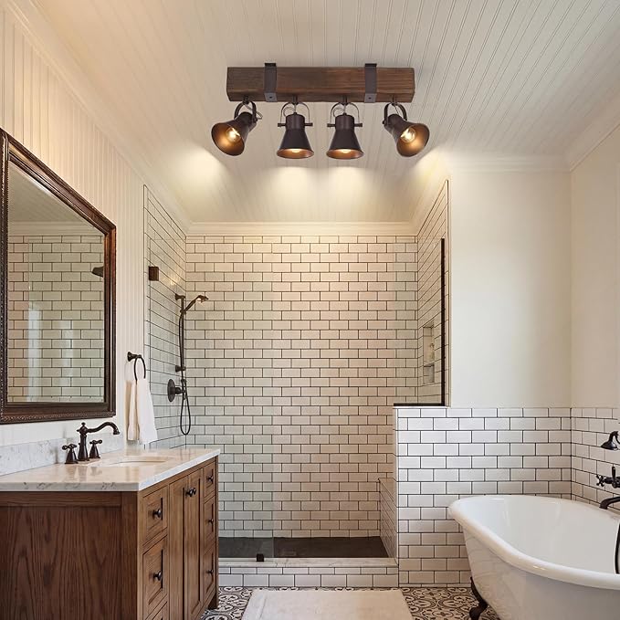 SEEBLEN 4 Light Semi Flush Mount Ceiling Light, Farmhouse Wooden Track Lighting Fixtures Ceiling, Rustic Kitchen Lights Ceiling for Island Dining Room Living Room.