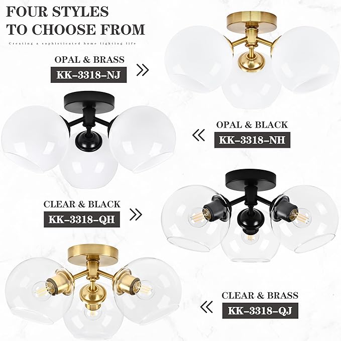 KoKo&Yukina 3-Light Mid Century Modern Black Semi Flush Mount Ceiling Light Globe Sputnik Chandelier Fixture Milk Glass Globe Ceiling Lights for Bedroom Living Room Hallway Entryway Foyer