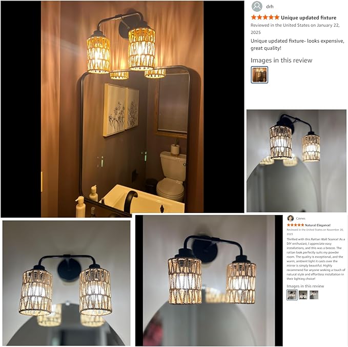 Bathroom Light Fixtures, Rustic 2-Light Vanity Lights Over Mirror Farmhouse Wall Mounted Light Natural Style Wall Lamp Boho Lighting Fixture Rattan Wall Sconce for Bedroom