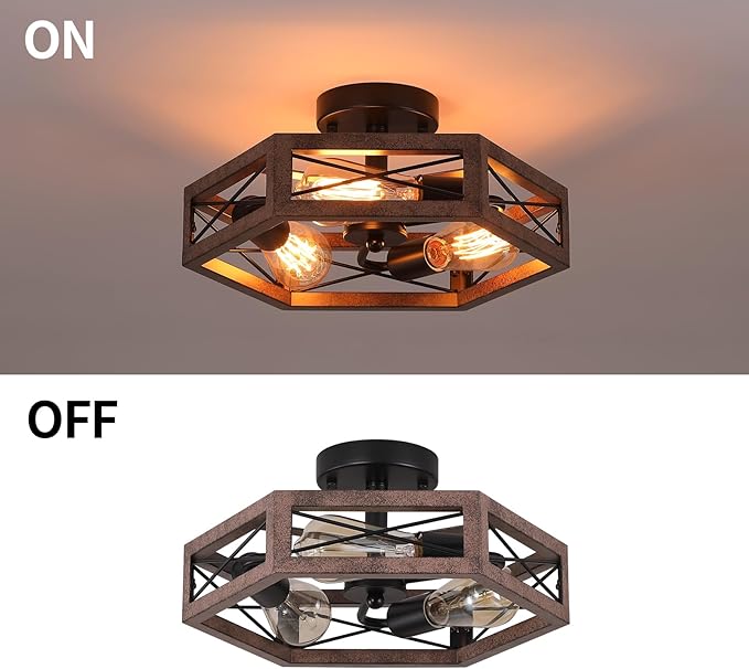 3-Light Rustic Farmhouse Metal Flush Mount Ceiling Light Fixture 14.5 inch Antique Oak Hexagon Cage Semi Flush Mount Ceiling Light for Hallway Hall Entry Bedroom Kitchen Farmhouse, Black