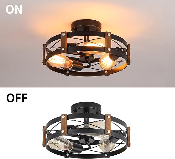 3-Light Rustic Farmhouse Wood Flush Mount Ceiling Light Fixture 13.6 inch Oak Wood and Metal Round Cage Semi Flush Mount Ceiling Light for Hallway Hall Entry Bedroom Kitchen Farmhouse, Black