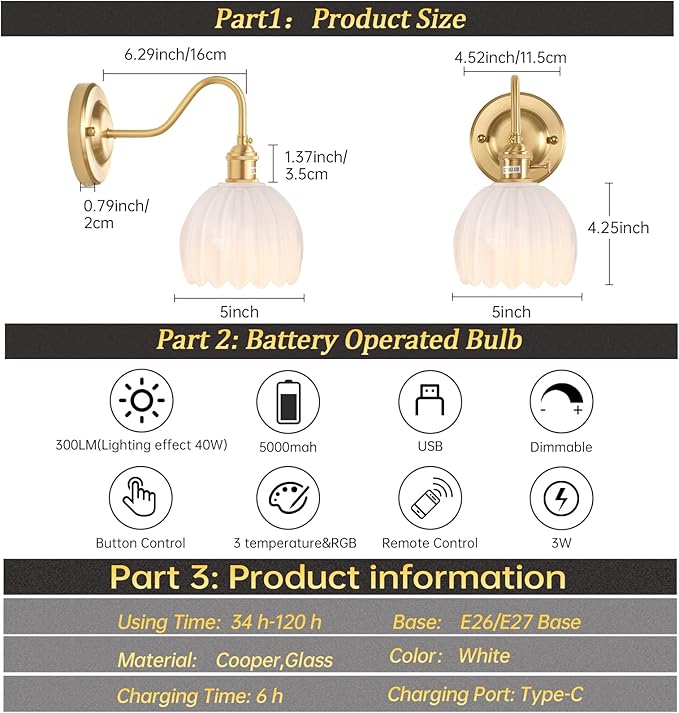 Shenmoyl Vintage Battery Operated Wall Sconce, 5000mAh Wireless Rechargeable Wall Light, Indoor Battery Powered Wall Lamp for Bedside Bedroom Living Room, Tulip White
