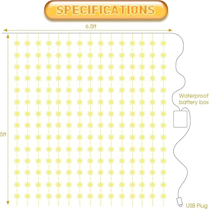 195 LED Curtain String Lights,6.5 x 5 ft Battery Operated USB Powered light with 8 Modes Dimmable Timer,Copper Tapestry Twinkle Fairy Lights for Christmas Bedroom Backdrop Wedding Indoor Outdoor Decor