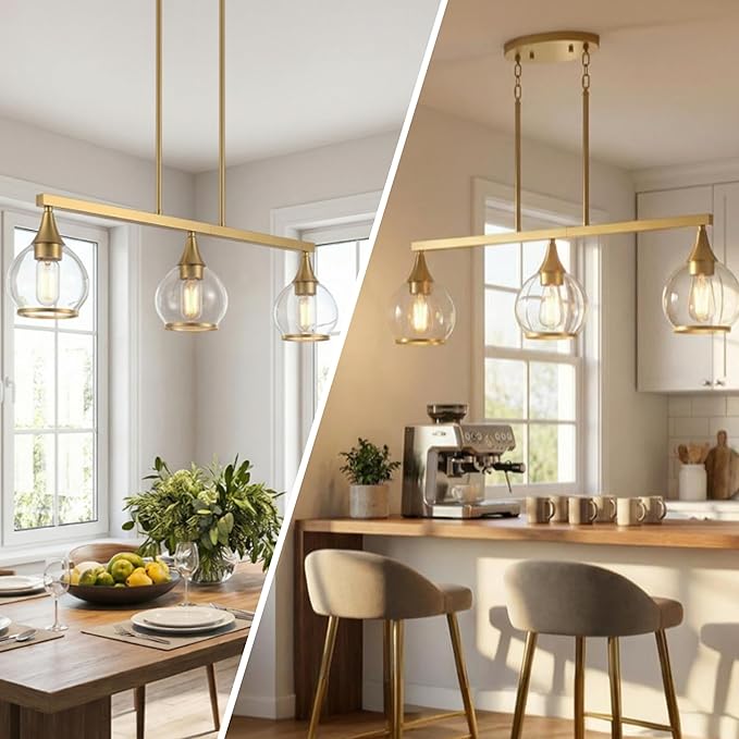 Kitchen Island Linear Pendant Light, 3-Light Gold Dining Room Chandelier with Clear Glass Globe Shades, Modern Linear Lighting Fixture Over Table