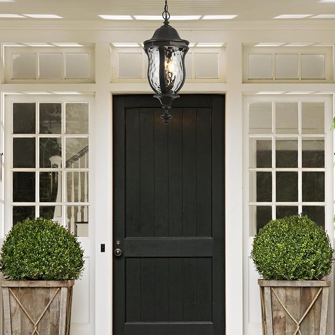 Large Outdoor Pendant Light Fixtures, 23.6'' Exterior Hanging Lantern Porch Light Adjustable, Black Brush Red Hanging Lamp Farmhouse Exterior Chandelier Ceiling Mount for Entrance Patio