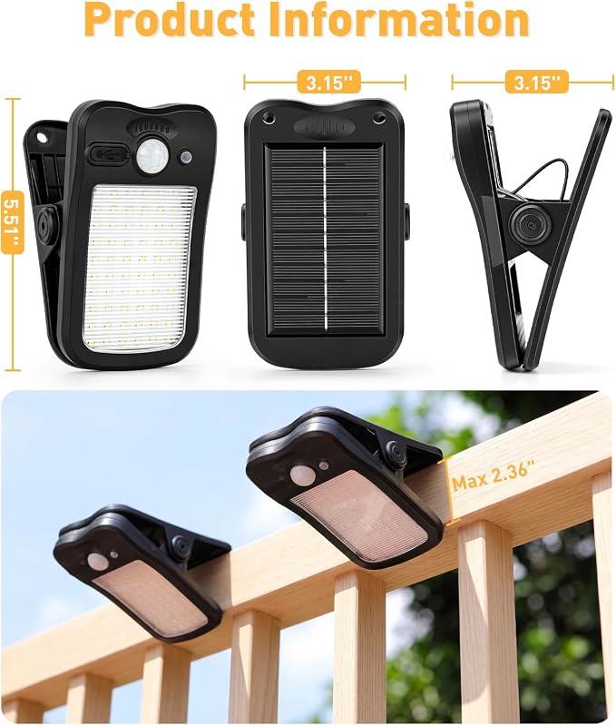 4 Pack Clip On Solar Lights Outdoor, 60 LED 500LM Motion Sensor Clamp Light, USB & Solar Powered Waterproof Security Lights for Fence Gutter Deck Camping, 1-Second Fast Install