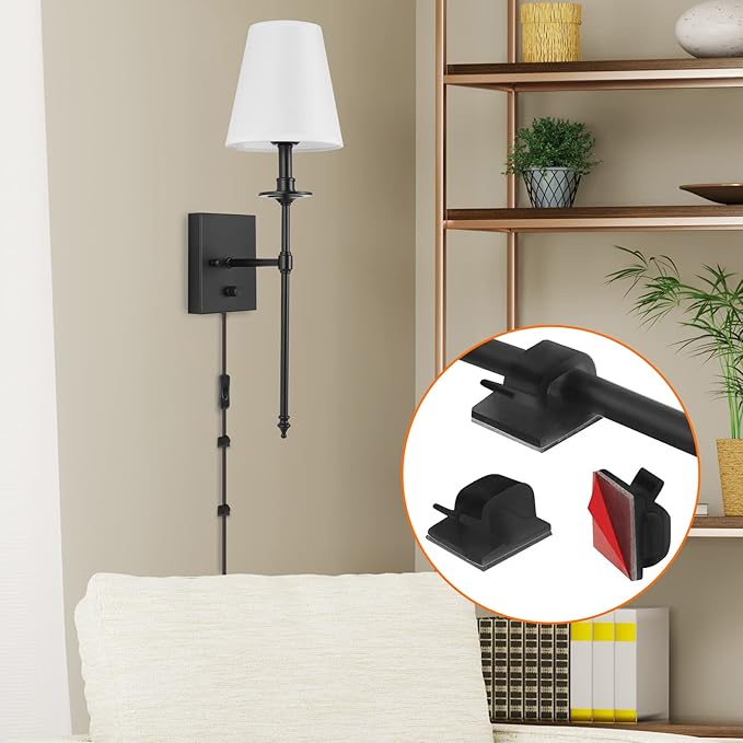 GOODATE Dimmable Wall Sconces Set of Two, Plug in Wall Sconces White Fabric Shade, Wall Lamp for Bedroom, Living Room, Plug in Wall Light Sconces Wall Decor Set of 2, LED Bulbs Included, Black