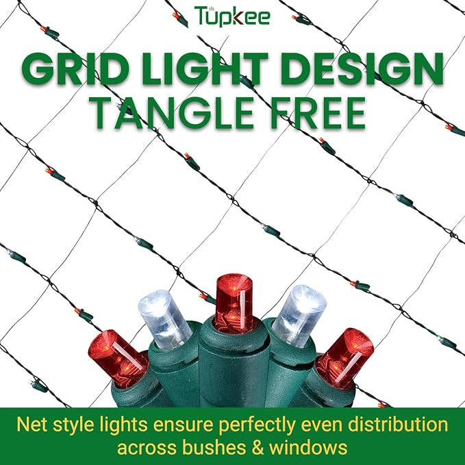 Christmas Light Net – 150 LED Red & White Mesh Lights - 4 ft x 6 ft – Outdoor/Indoor – Net Lights for Bushes, Hedges or Trees