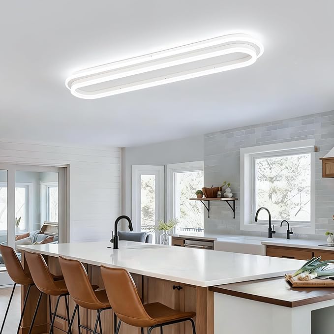 Modern Linear Ceiling Light, 31.5Inch Dimmable LED Flush Mount Ceiling Lamp with Remote Control, Long Kitchen Ceiling Light Fixture for Living Room Dining Room Bedroom Hallway (White)