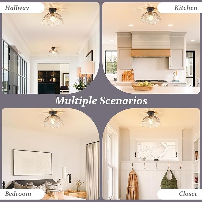 Vintage Semi Flush Mount Ceiling Light,Black Ceiling Light Fixtures with Gradient Smoke Gray Handmade Leaf Glass for Bedroom,Kitchen,Hallway,Entryway