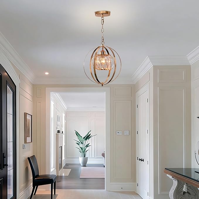FRIXCHUR Gold Crystal Pendant Light, Adjustable Hanging Light Fixture with Pumpkin-Shaped Crystal Shade, E26 Base Metal Lantern Pendant Ceiling Light for Kitchen Island, Dining Room, Entryway, Foyer