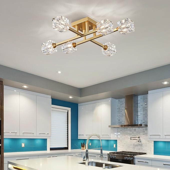 XINGQI Modern Ceiling Light Sputnik 6-Light Semi Flush Mount Ceiling Light Fixtures, Mid Century Antique Gold Chandeliers for Bedroom Dining Room Powder Room