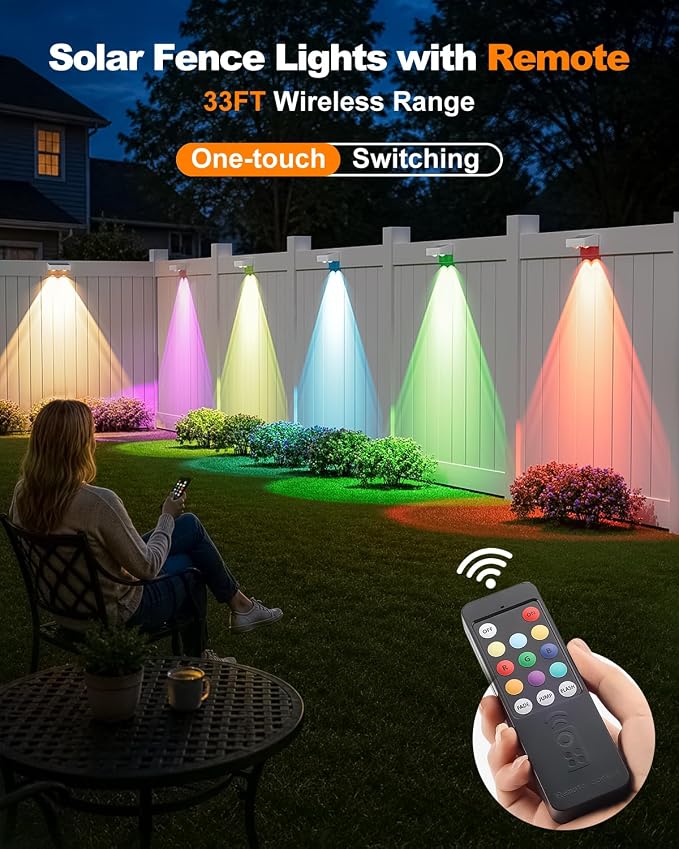 VOLISUN Solar Fence Lights with Remote Control, 50 Lumen LED Fence Lights Solar Powered, IP65 Waterproof, 10 RGB Color Long-Lasting Solar Lights for Backyard Garden Deck Patio Railing (12 Pack)