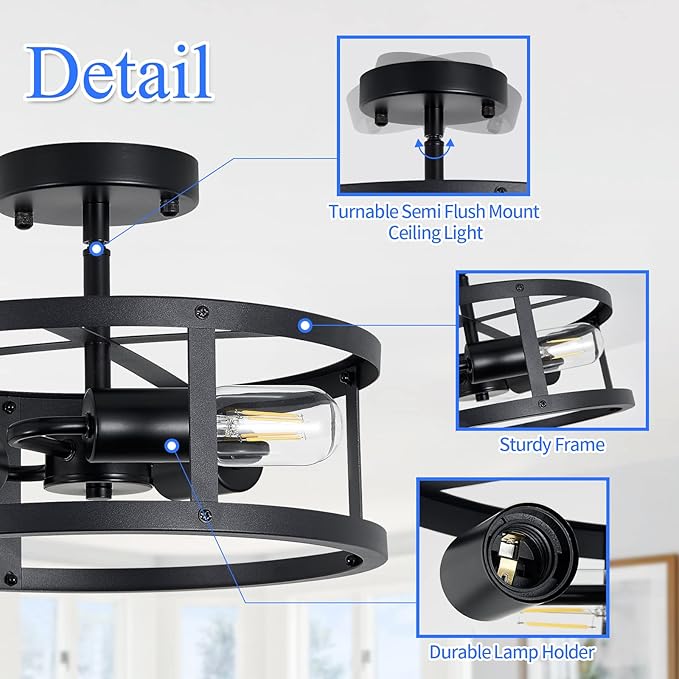 Semi Ceiling Light Fixture,3-Light Black Flush Mount Ceiling Light,13 Inch Hallway Light fixtures Ceiling,Light Fixtures Ceiling Mount for Farmhouse,Kitchen (2, 13.1 inch)