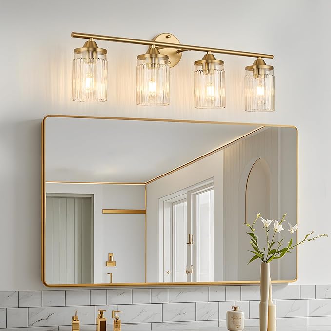 Jonsi Gold Bathroom Light Fixtures 4-Light Vanity Lights Modern Wall Sconce with Clear Glass Shade Brushed Brass Bathroom Light Fixture Over Mirror for Bedroom Hallway Kitchen
