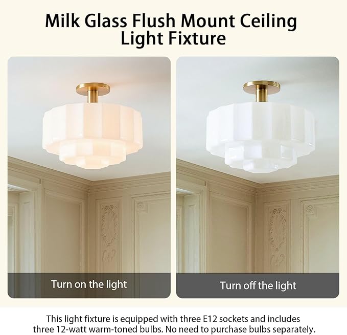 Milk Glass Ceiling Light Fixture - 13.7'' Antique Gold Semi-Flush Mount Ceiling Light for Bedroom, Foyer, Living Room, Bar Counter, Includes 3X E12 Bulbs (White 13.7 inch)