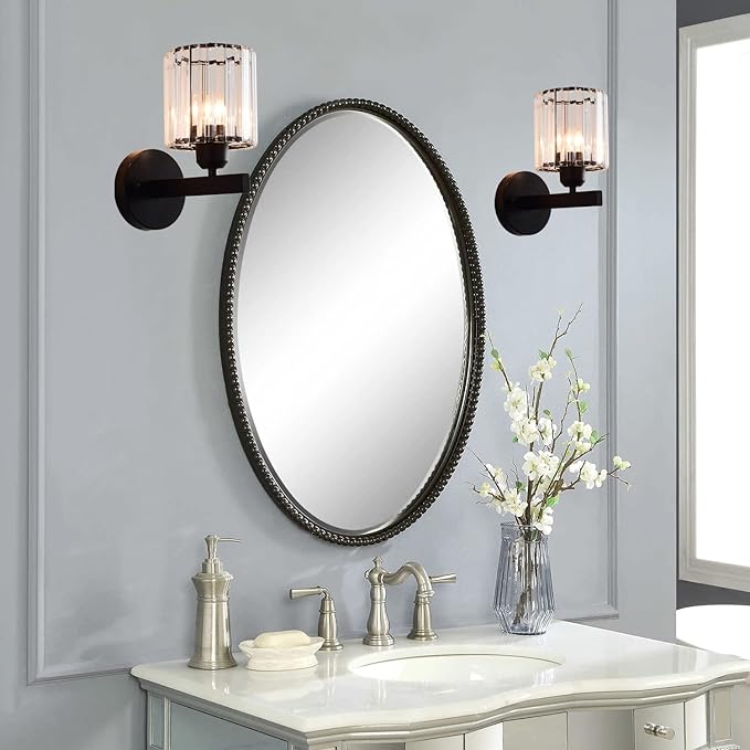 TISLYCO Black Wall Sconces Set of 2, Bathroom Wall Lighting Fixtures Over Mirror, Vanity Light, Modern Glass Shade Wall Lamp Black Indoor Decor for Bedroom Living Room Entryway