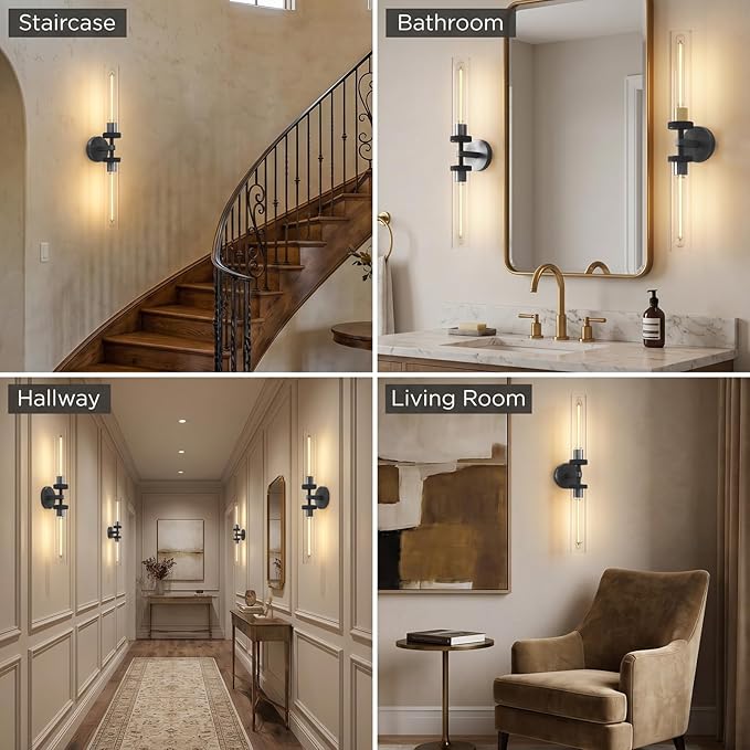 Modern 2-Light Black 30in Knurled Wall Sconces, Double Glass Sconces Wall Lighting, Bathroom Vanity Light Sconces, Wall Lights for Living Room Bedroom Hallway Kitchen Bathroom Mirror Includes bulbs