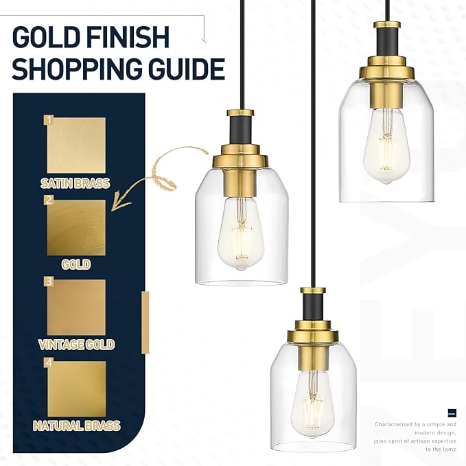 zeyu 3-Light Pendant Light Fixture, Modern Cluster Pendant Lighting, Hanging Light Fixture for Kitchen Island, Clear Glass Shade, Black and Gold Finish, ZG33-3 BK+BG