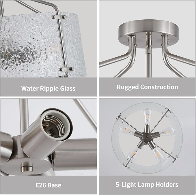 Semi Flush Mount Ceiling Light Fixture,Glass Drum Kitchen Lighting Fixtures Ceiling,18''Brushed Nickel Modern Light Fixture Chandelier,5-Light Foyer Lighting Fixtures for Bedroom Hallway Foyer Porch