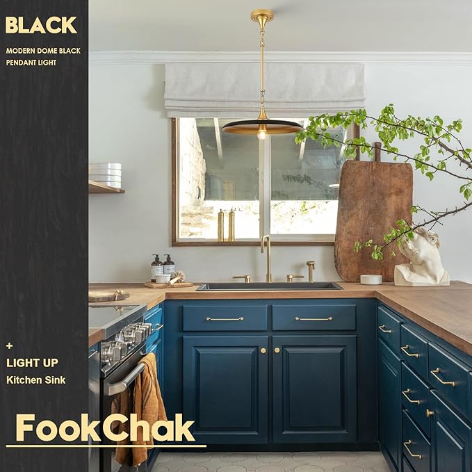 Black Pendant Light 15.7in Pendant Lights Modern Kitchen Island Pendant Light Fixture with Adjustable Black Gold Industrial Pendant Lighting for Dining Room Kitchen Sink, E26