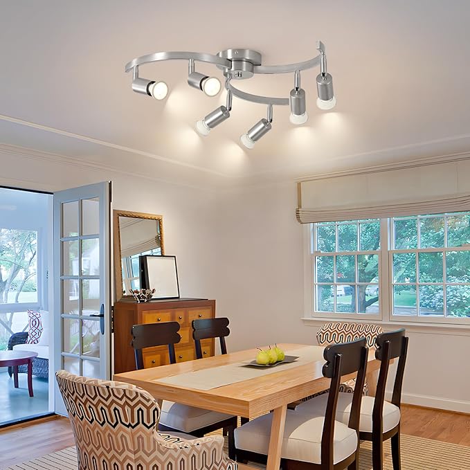SEEBLEN 6 Light Track Lighting Fixtures Ceiling, Flexibly Rotatable Light Heads, Nickel Semi Flush Mount Ceiling Light for Kitchen Dining Room Living Room.Gu10 Bulb Base.