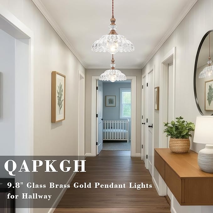 9.8" Vintage Pendant Lights for Kitchen Island, Small Brass Gold Hanging Pendant Lighting Fixture for Dining Room Hallway Bedroom