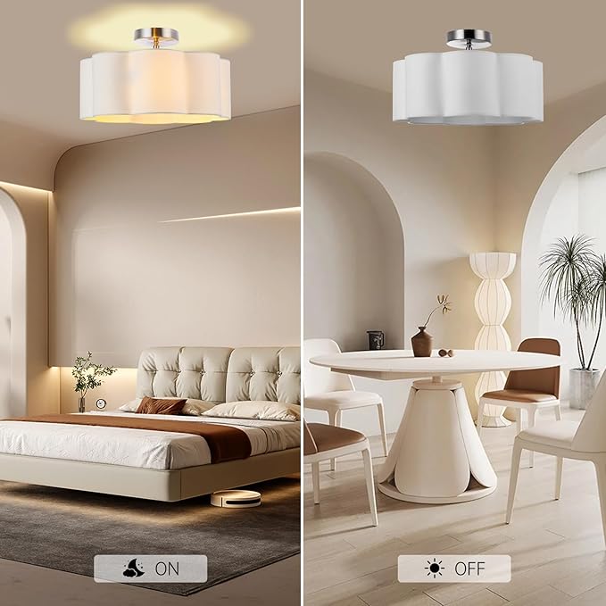Newrays 3-Light Semi Flush Mount Ceiling Light Fixture, Fabric Shade Modern Close to Ceiling Lamp for Nursery Kids Room Bedroom Kitchen Hallway Entryway with 3PCS LED Bulbs (White)