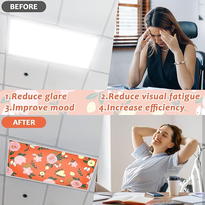 QOUBAI 6PCS Fluorescent Light Covers, 4x2 Feet Magnetic Light Cover Fluorescent Lights Shade Panel Positive Inspirational Ceiling Lights Filters for Office Classroom Home Drop Ceiling Floral