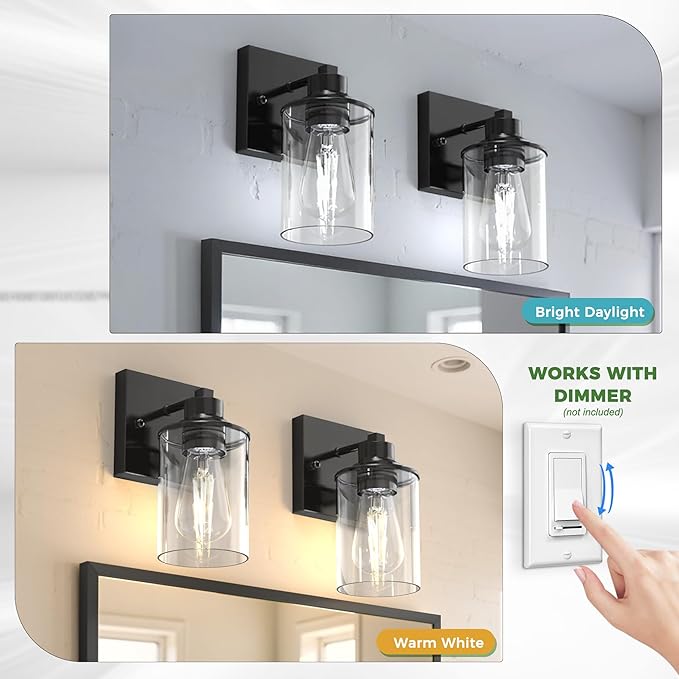 DORESshop Wall Sconces Set of 2 for Bathroom, Modern Vanity Light Fixtures with Clear Glass Shade, Black Wall Mount Lighting Lanterns for Bedroom Living Room Mirror Hallway Kitchen