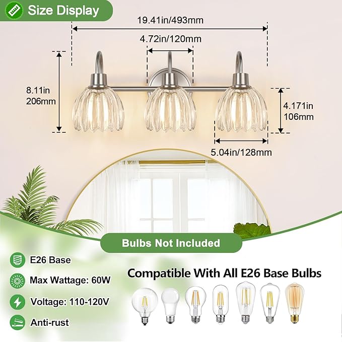 3-Light Bathroom Light Fixtures, 20" Vanity Light Over Mirror with Ribbed Clear Tulip Glass Shades, Brushed Nickel Wall Lights for Bathroom, Bedroom, Living Room, Hallway (Bulb Not Included)