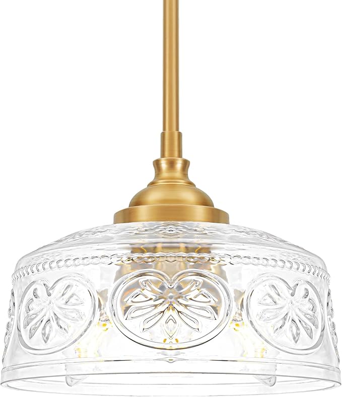 Vintage 3-Light Pendant Light With Embossed Glass Shade, Farmhouse Brushed Gold Pendant Lights Kitchen Island, 2-in-1 Adjustable Hanging & Semi-Flush Mount for Bathroom,Dining Room,Bedroom,Hallway,E12